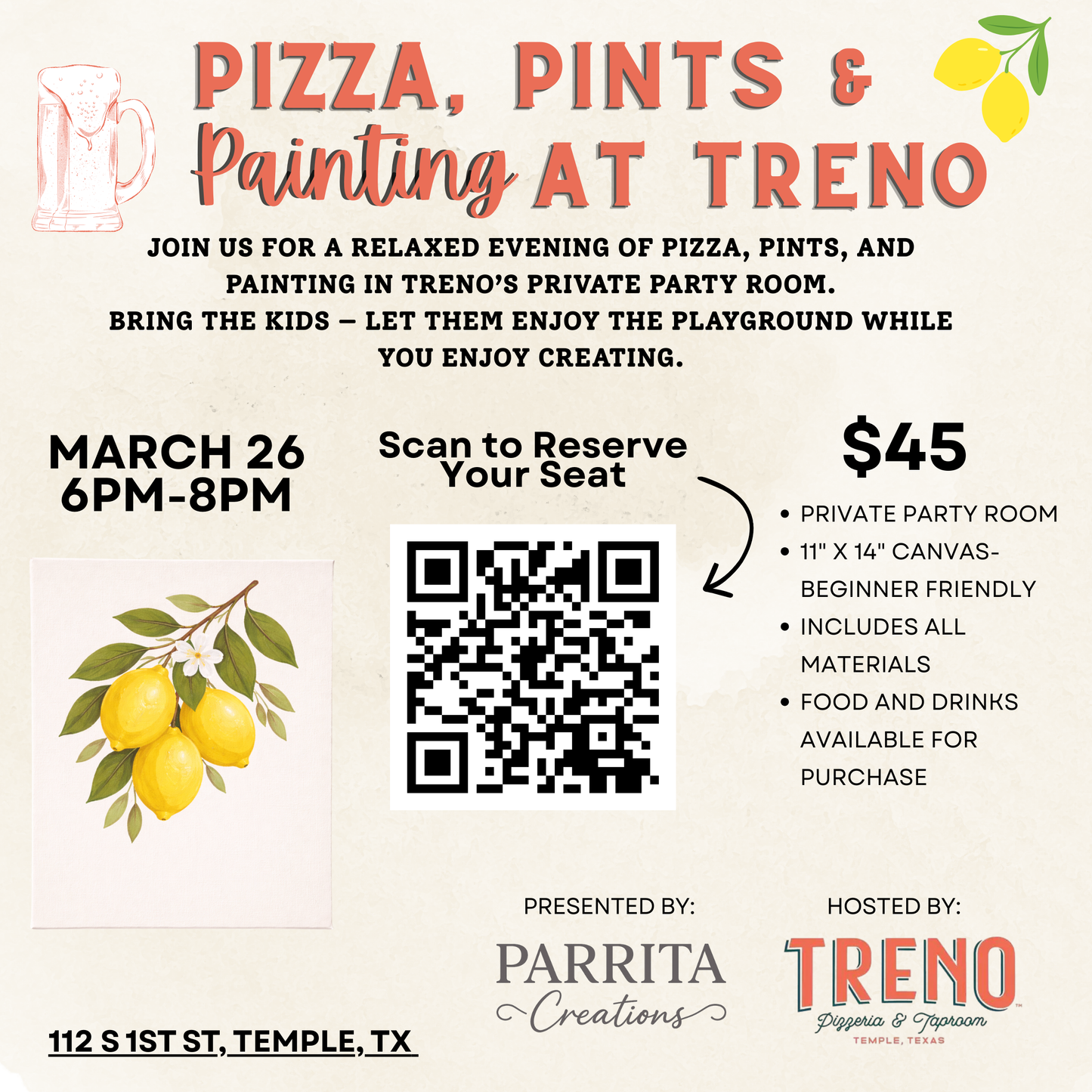 Paint & Sip Night at Treno Pizzeria & Taproom - March 26, 2026 ✅ SOLD OUT